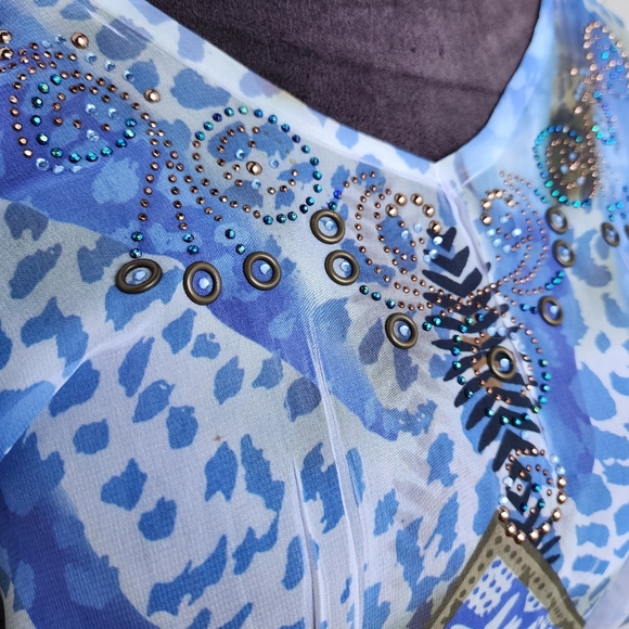 Daniel Benjamin Womens Sheer Tunic Top Smocked Beaded Boho Lightweight Blue Sz M - Picture 3 of 10